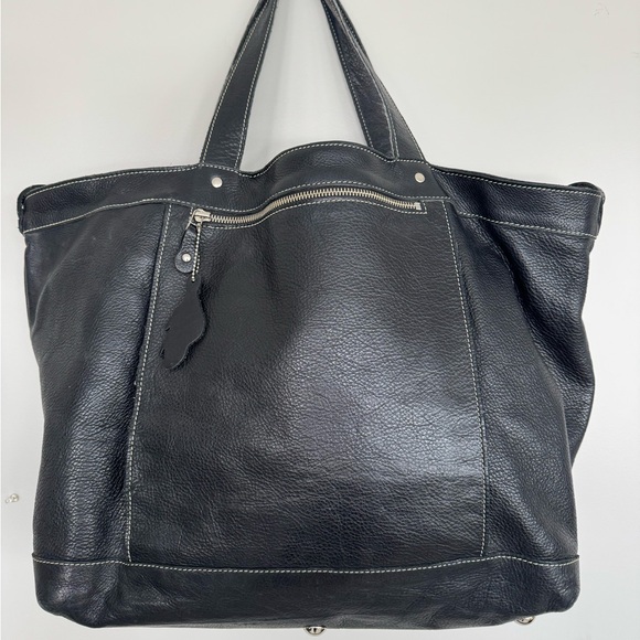 Roots Handbags - Roots Black Leather Tote Bag with front slit pocket.